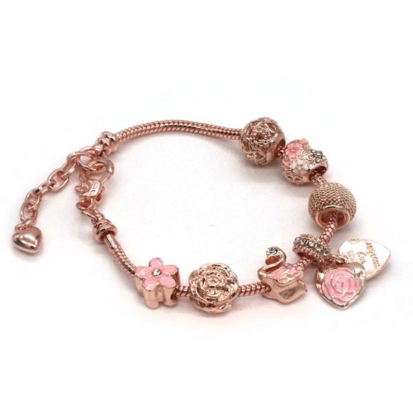Bracelet Rose Gold Euro Beads with Heart Pendant. - Picture 3 of 3